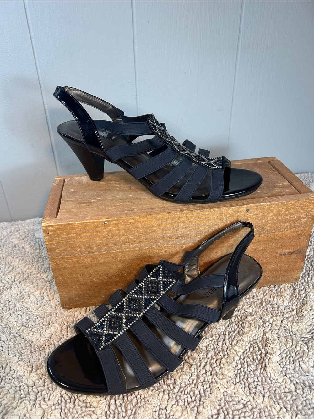 London Fog Navy Beaded Slingback Heeled Sandals